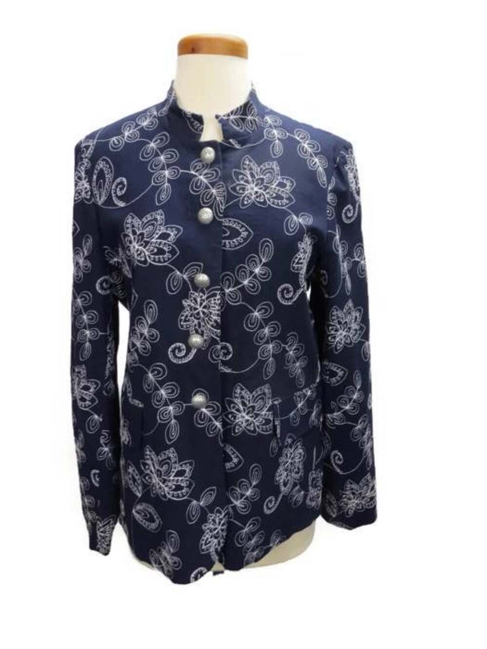 Harve Benard Blazer Size 10 Blue White EmbroideryFaux Pockets Lined